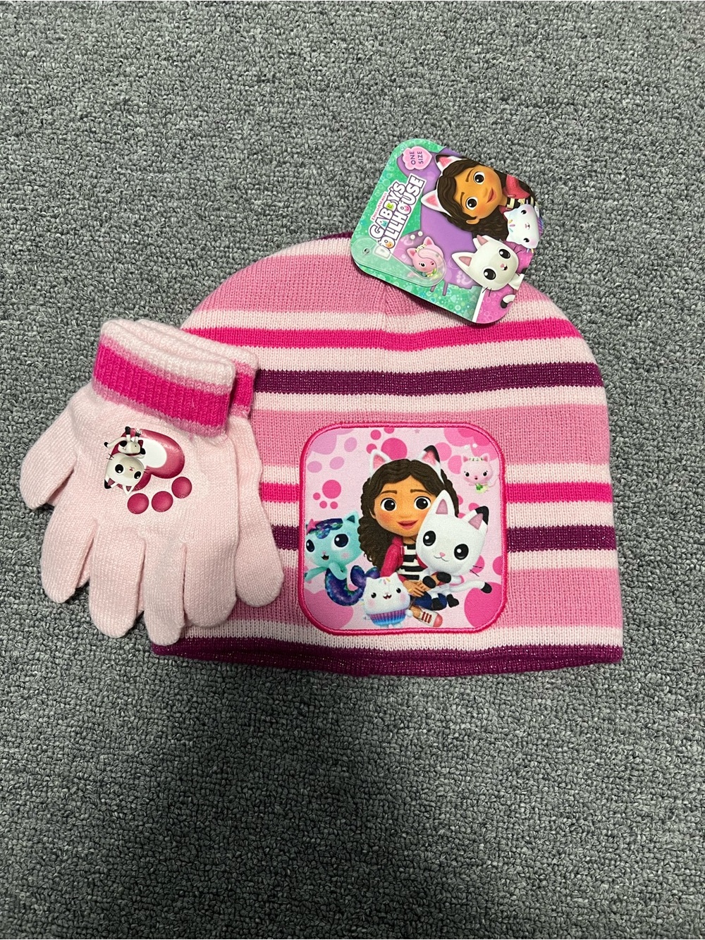 Dreamworks Gabby Dollhouse Pink Striped Knit Hat with Matching Gloves